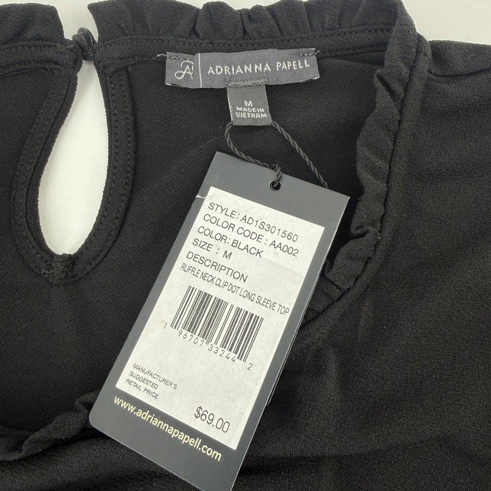 Adrianna Papell Top Womens M Black Sheer Swiss Dot Sleeve Ruffle Neck NWT - Picture 4 of 9